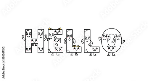 Cute cartoon letters spelling 'HELLO', each featuring multiple happy faces, waving arms, and legs in a cheerful line art style.