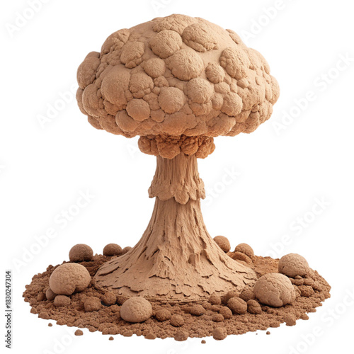 Dramatic mushroom cloud illustration evoking themes of impact, resilience, and transformation in a unique, visually striking design, suitable for various projects