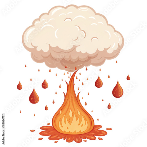 Whimsical cloud pouring fire rain, a fiery storm illustration, creative and imaginative concept, perfect for fantasy themes or dramatic weather visuals
