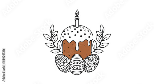 Traditional Easter cake with a lit candle, decorated eggs, and branches, symbolizing spring and holiday celebration.