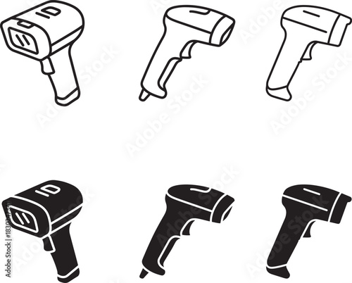 Barcode scanner icon set in solid black and white outline style