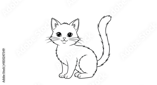 A cute and charming cartoon kitten is sitting and looking directly ahead, drawn in a simple black and white outline style, perfect for a coloring page.