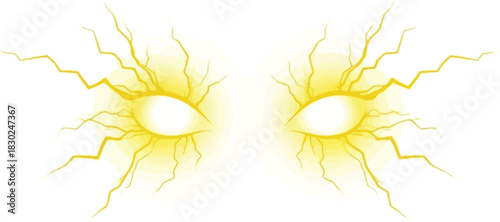 Pair of glowing yellow electric eyes with lightning bolts emanating outwards, isolated on white background