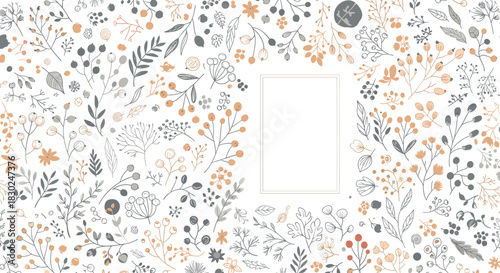 Abstract botanical seamless pattern with grey and peach-colored leaves and berries, creating a decorative frame on a white background.