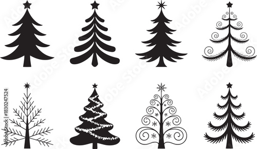 Christmas tree silhouettes collection with geometric outlines and Victorian style patterns ideal for holiday decor and digital design