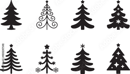 Christmas tree silhouettes set with snowflake motifs garland details and star toppers