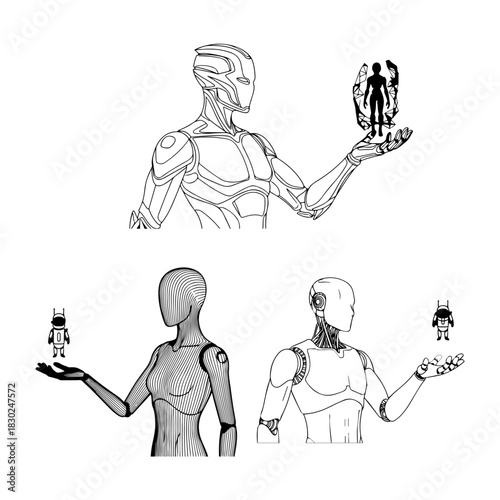 An abstract humanoid robot holds a cute digital  black hologram of futuristic