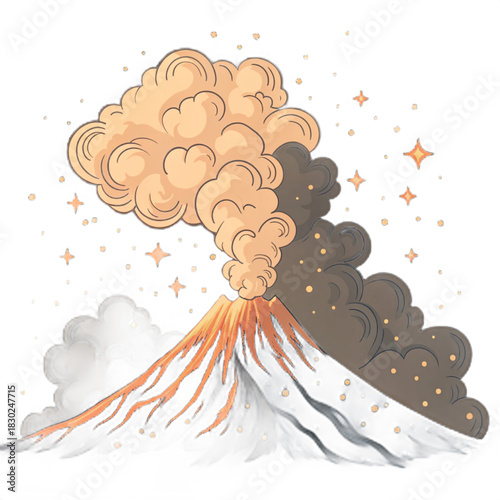 Fiery volcano erupting under starry night sky, a dynamic cartoon illustration for nature lovers and educational resources, perfect for adventurous spirits