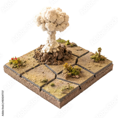 Dramatic miniature diorama showcasing a post-apocalyptic landscape with mushroom cloud, perfect for gaming, modelling, or conceptual art projects