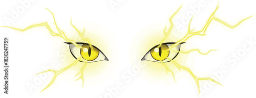 Fierce yellow cat or reptile eyes glowing with electric lightning energy isolated on white background