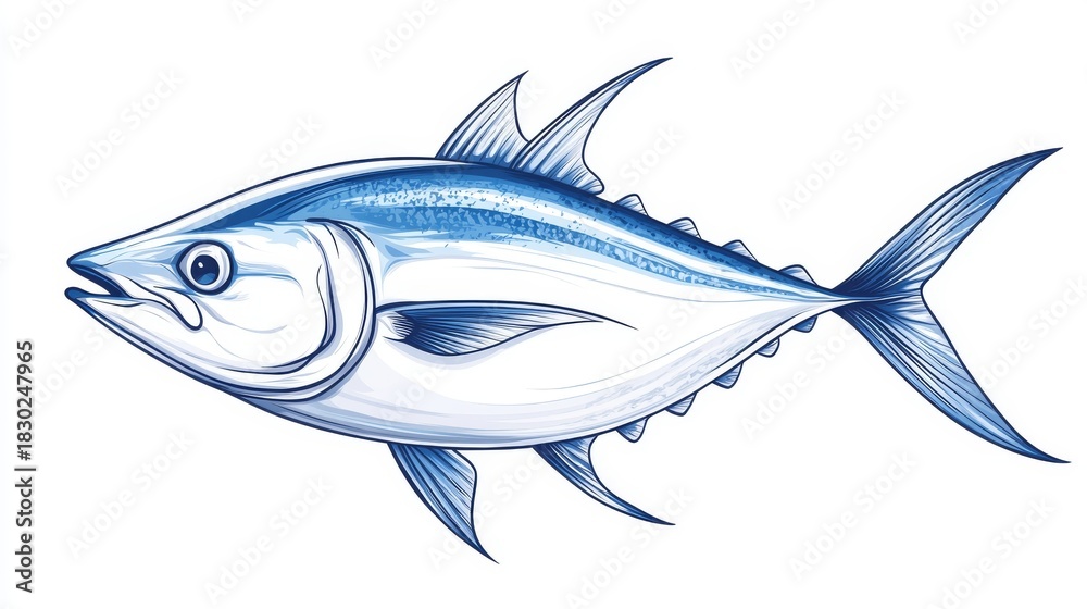 Fototapeta premium 13.A bold and dynamic vector drawing of a tuna fish in full motion, showing intricate details such as the fins, scales, and tail, with vibrant hues of blue and silver, all against a transparent