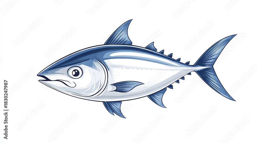 Fototapeta premium 14.A realistic vector illustration of a tuna fish with fine detailing in the body texture and gills, emphasizing the streamlined body shape and underwater grace, set against a crisp transparent