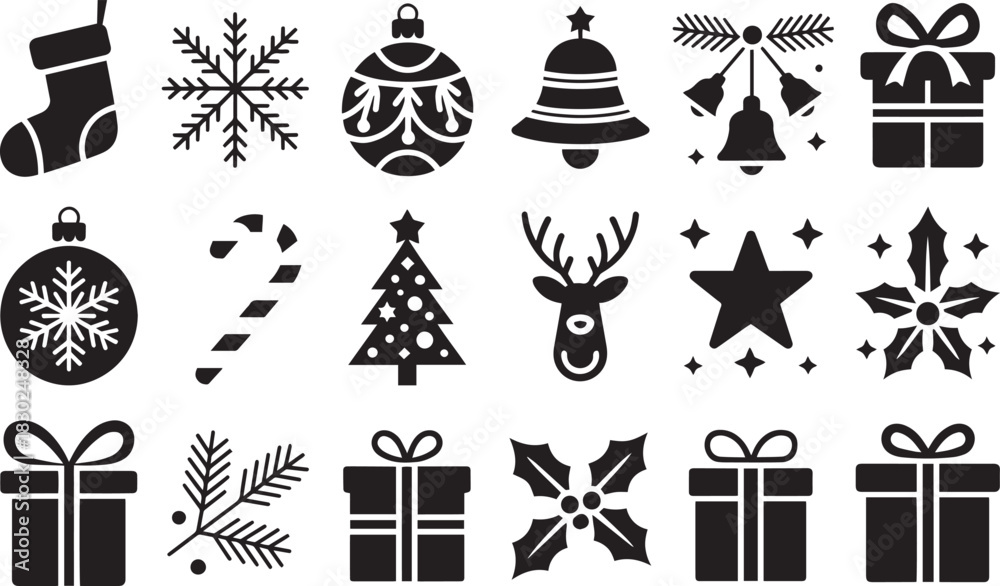 Naklejka premium Elegant Holiday Clipart Collection with Christmas Trees Snowflakes Bells and Gifts