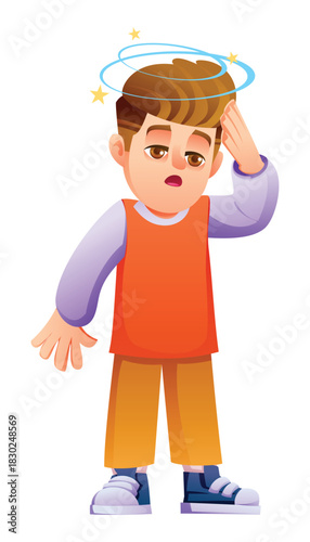 Little boy feeling unwell, touching his forehead, with stars and rings spinning above. Vector cartoon illustration