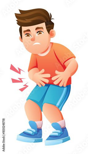 Little boy with abdominal pain, holding his stomach with a pained expression. Vector cartoon illustration