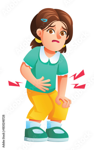 Little girl with stomach and leg pain, holding her belly and knee. Vector cartoon illustration