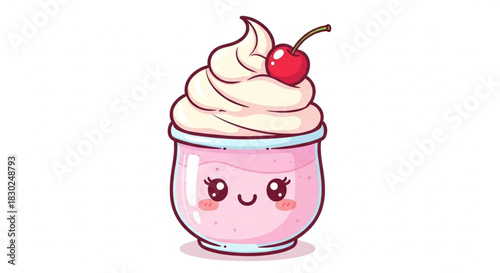 Adorable smoothie cup with colorful layered fruit textures, kawaii face, smooth gradients, isolated on pure white background