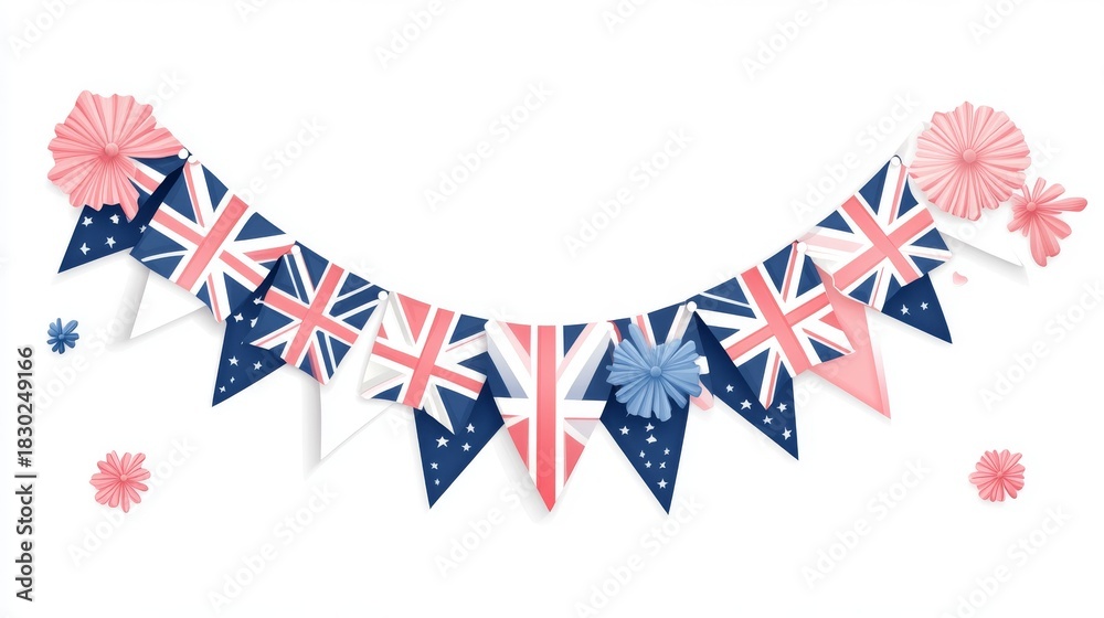 Fototapeta premium 9.Concept = 2023 Coronation Celebration UK Union Jack Flag Garland Seamless Border. Festive Vector Illustration.