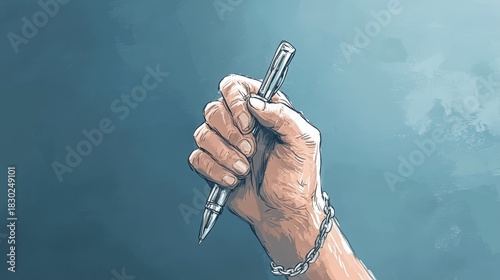 98.A bold, symbolic illustration of a hand clutching a pen with a chain around it, set against a dark, atmospheric background, representing the fight for journalistic freedom and press rights.