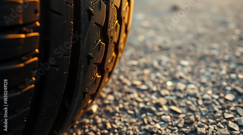 Close up view of a black tire on a gravel surface with golden light hitting it