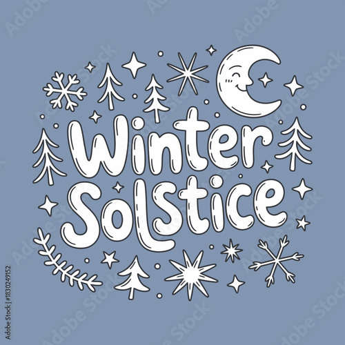 Winter Solstice Hand Lettered Art with Moon and Stars Keywords: winter solstice, moon, crescent