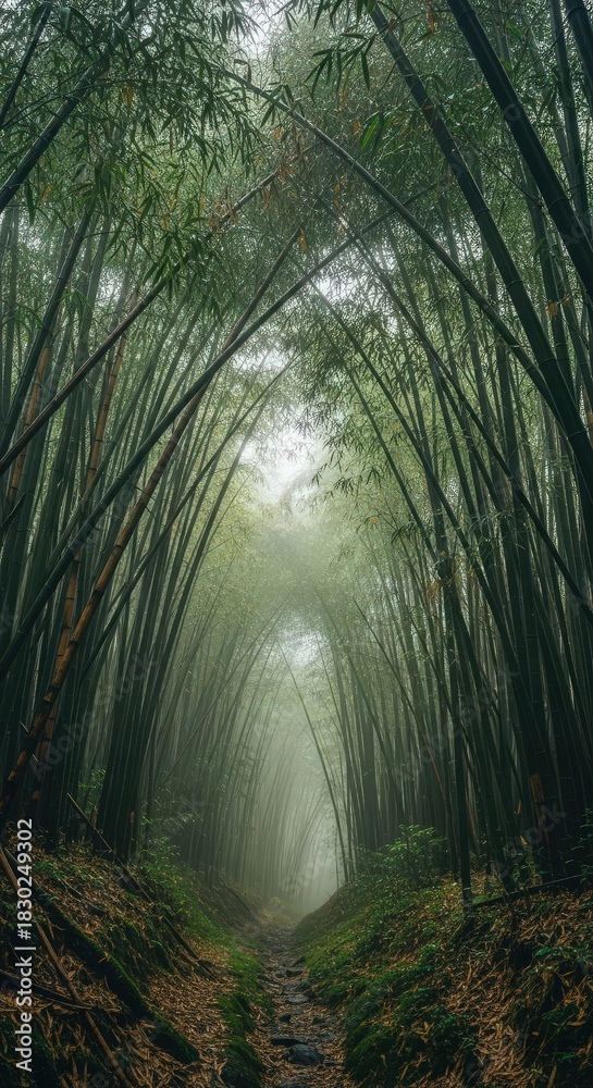 Naklejka premium Find peace walking the mystical misty bamboo forest path with tall green trees in nature for a peaceful journey of zen and mindfulness