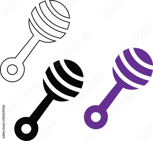 Baby rattle icon in outline, black fill, and purple fill