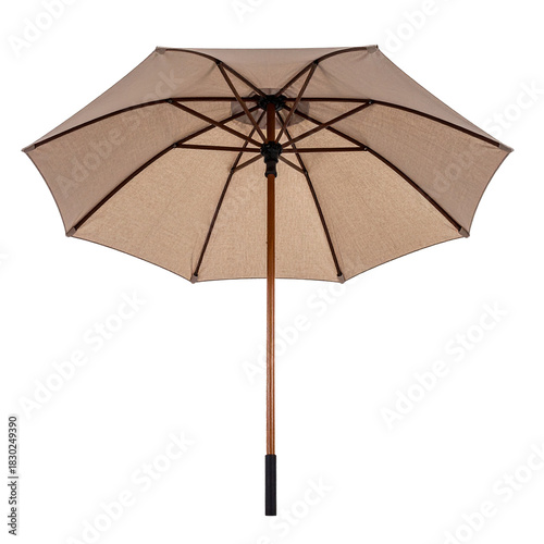 Open Parasol: An overhead view of an opened parasol, revealing a meticulously crafted structure composed of elegant wood and a beige canopy, designed to offer shade and serenity.