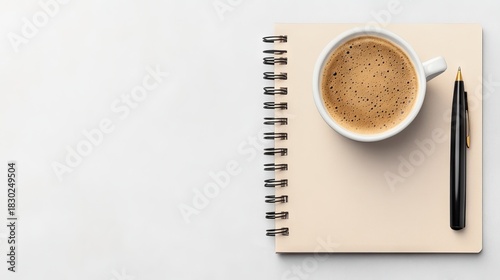 45.Concept = Notebook with Pen and Coffee on Light Background. Banner for World Press Freedom Day.