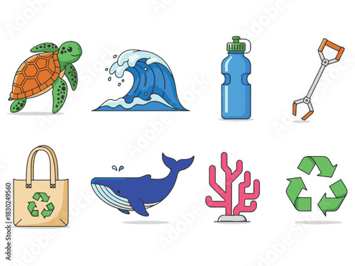 Eco-Friendly Ocean Icons. Plastic-Free Seas modern flat icons set: turtle, wave, reusable bottle, trash picker, eco bag, whale, coral, recycle icon.