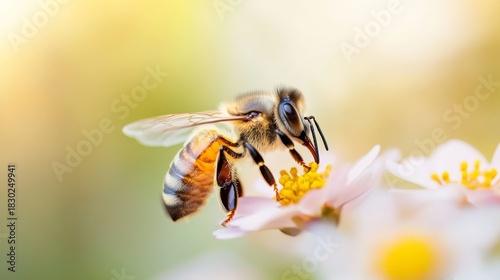77.A charming illustration of a honey bee hovering over a colorful flower, capturing the essence with a detailed, lifelike design, ideal for greeting cards, posters, or educational content for World