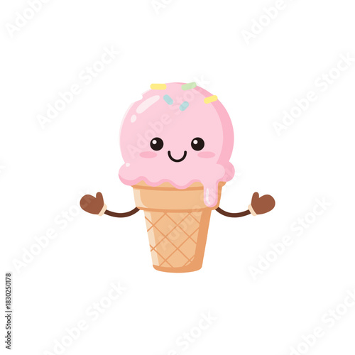 Cute Cartoon Ice Cream Cone with Sprinkles and Happy Face.