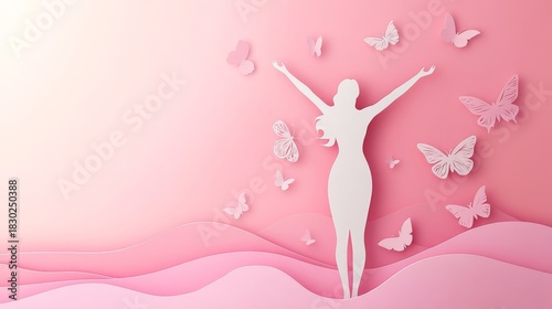 51.Elegant paper cut-style design of a strong woman with arms raised, butterflies flying around her, with a soft gradient background of pink, symbolizing freedom and celebration for Womenâ€™s Day.