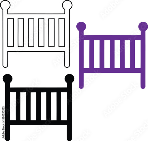 Three baby crib icons in outline black and purple infant
