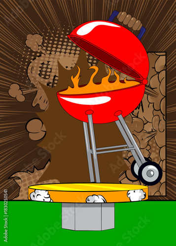 Comic Book Product podium stage for mockup presentation with Burning wood in barbeque grill. Retro comics background.