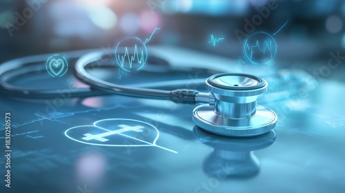 78.A stethoscope laid gently on a smooth surface with a soft glow in the background, surrounded by symbolic healthcare icons like a cross and heart, with plenty of room for a message about Nurses Day.