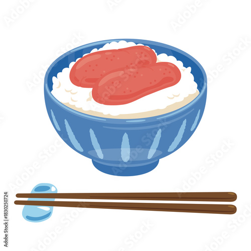 お茶碗に盛られたタラコご飯とお箸のイラスト／Illustration of Cod Roe Rice in a Rice Bowl with Chopsticks