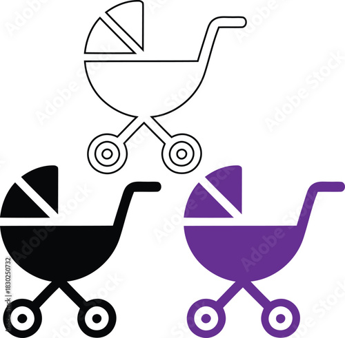 Three baby stroller icons in outline black and purple