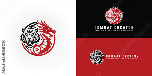 The circular logo features a fierce black tiger and a dynamic red dragon intertwined to form a yin-yang symbol with a play button. It's perfect for a martial arts influencer's brand identity.