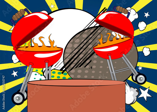 Comic Book Product podium stage for mockup presentation with Burning wood in barbeque grill. Retro comics background.