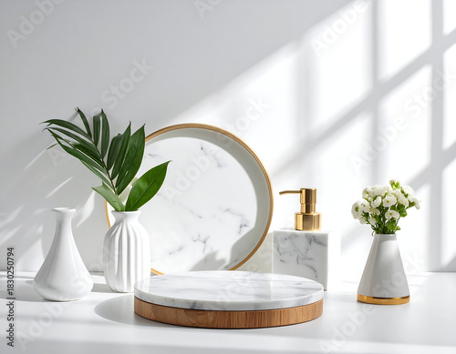 Marble vases, plants on white surface suitable for interior design blogs, home decor websites, social media posts, and lifestyle magazines.