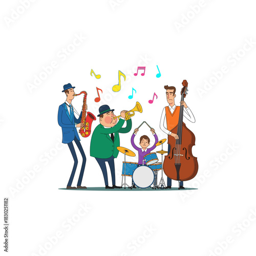 Jazz Band Playing Music Together with Musical Notes Floating.