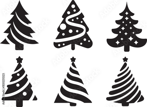Minimalist and decorative Christmas tree icons collection in black silhouettes ideal for Christmas invitations branding