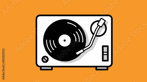 Vintage Record Player Icon with Clean Lines and Simple Shapes, Featuring Bold Outlines and a Black Vinyl Disc with Minimal Shading for a Modern Look