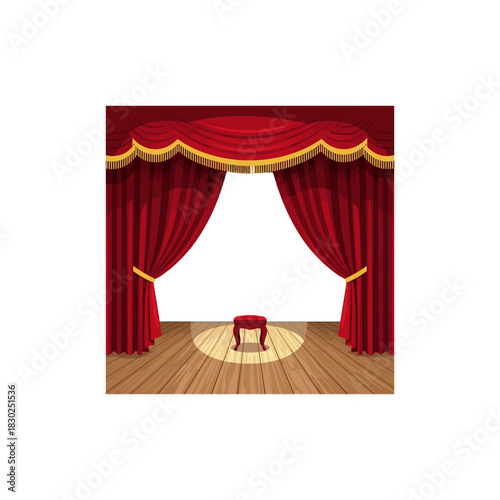 Theater stage with open red velvet curtains and a stool.