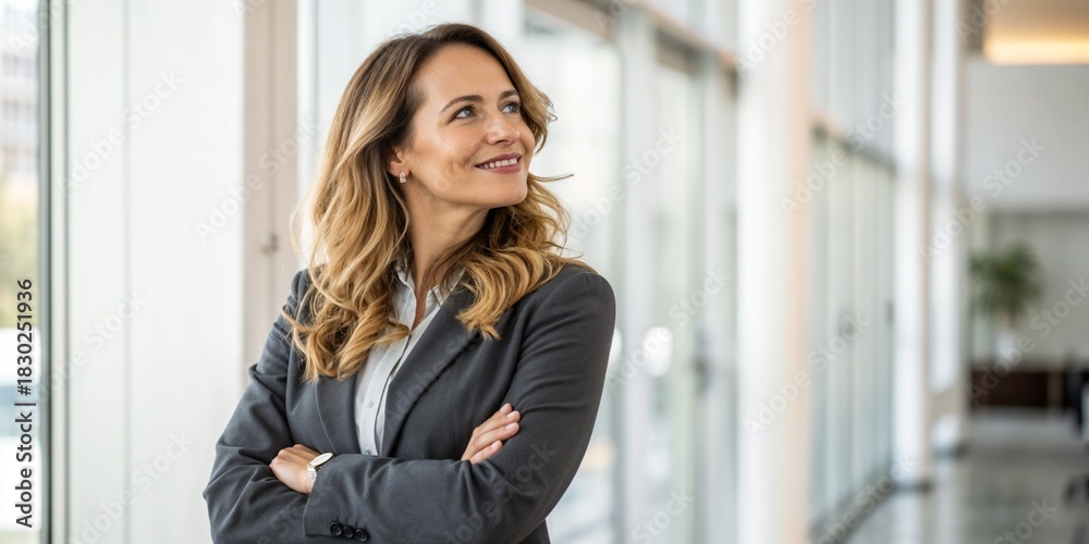 Fototapeta premium Portrait of a smiling businesswoman with arms crossed looking towards the light | ai generated