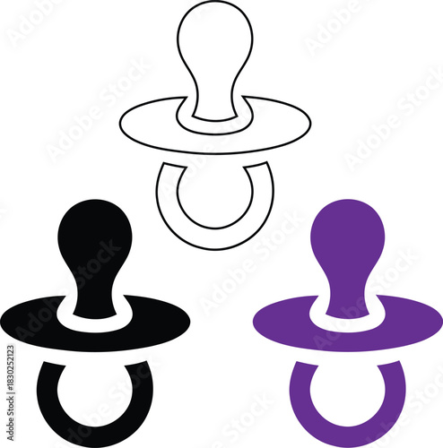Three Pacifier Icons in Outline Black and Purple baby
