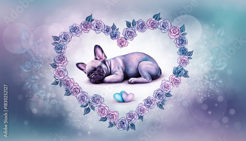 French bulldog puppy sleeping peacefully at center of whimsical heart made of pastel rose petals, dreamy background with soft blue and purple hues, gentle and serene mood