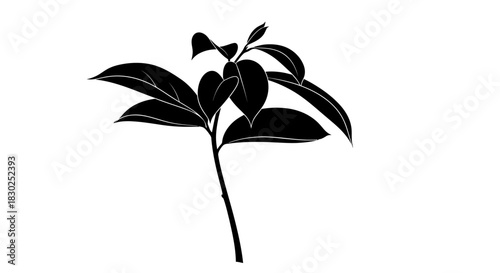 Simple black silhouette of a young plant sprig with leaves.