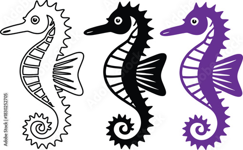 Three seahorse icons in outline black and purple marine life
